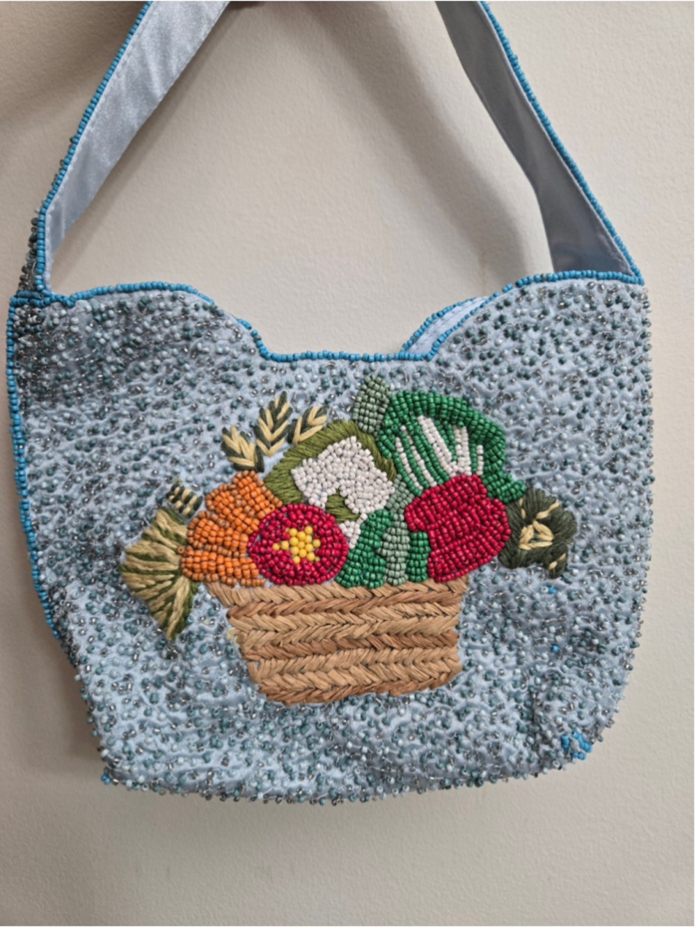 Women's Unbranded Beaded Shoulder Bag with Fruit Basket Design, One Size, Blue